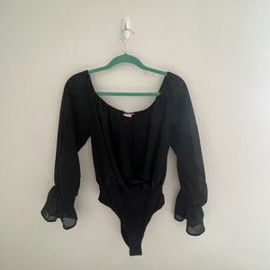 Black Wrap Chiffon Sleeve Bodysuit, Size S